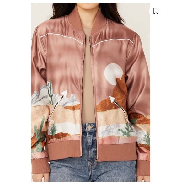 Hooey Satin Bomber Jacket XL Women’s Pink Desert Western Landscape Print Zip Up - Picture 5 of 12